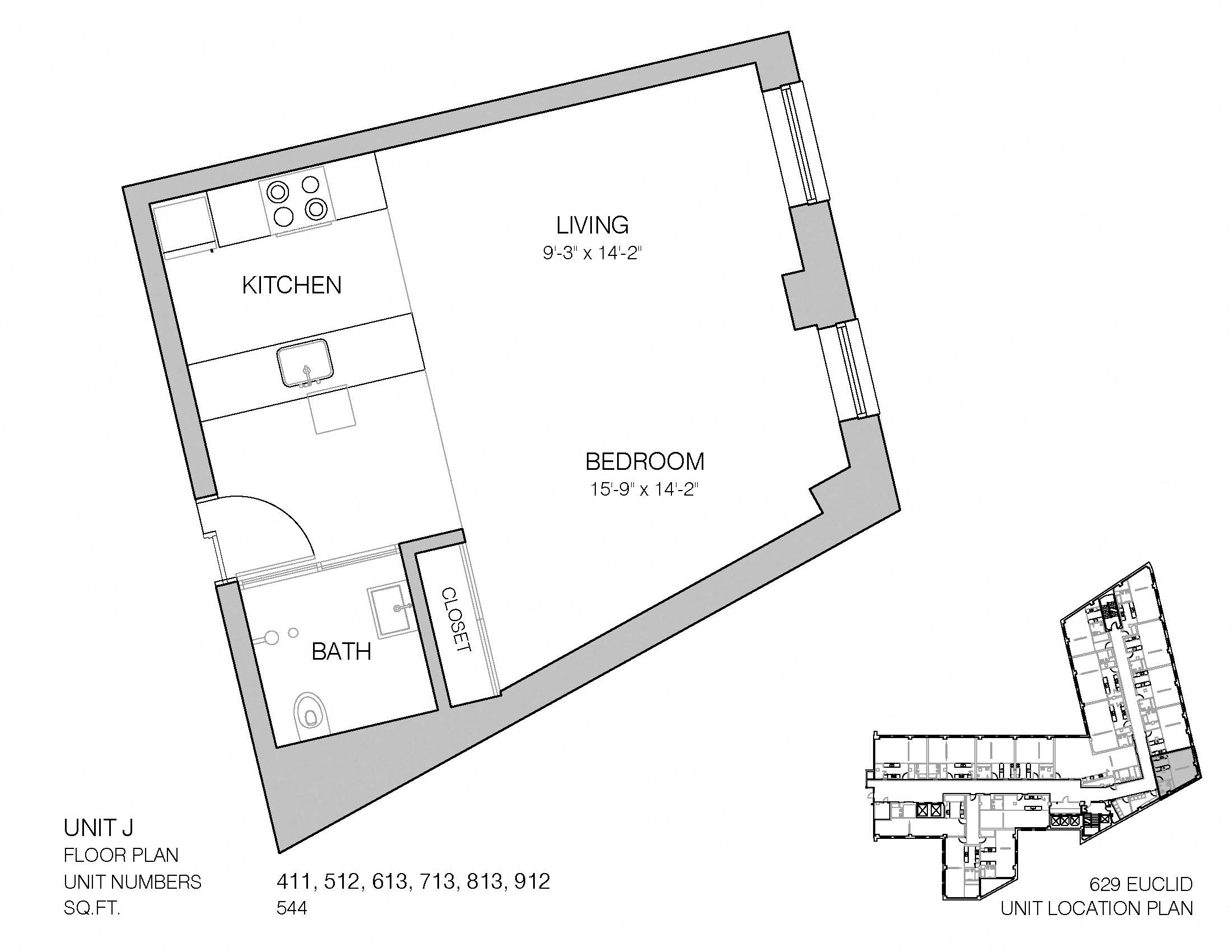 Floor plan for studio, 1 bath, 544 sqft